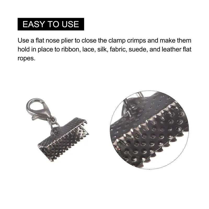 20Sets Ribbon Crimp Clamp Ends with Lobster Claw Clasps & Extension Chain, 16mm Cord End Clasps for DIY Craft Making, Metallic Black