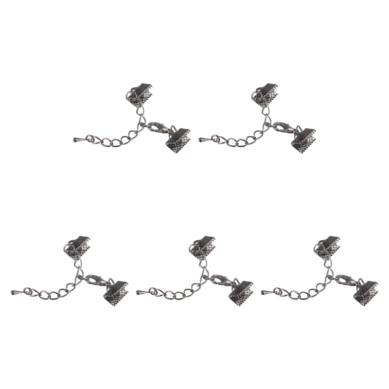 20Sets Ribbon Crimp Clamp Ends with Lobster Claw Clasps & Extension Chain, 10mm Cord End Clasps for DIY Craft Making, Metallic Black