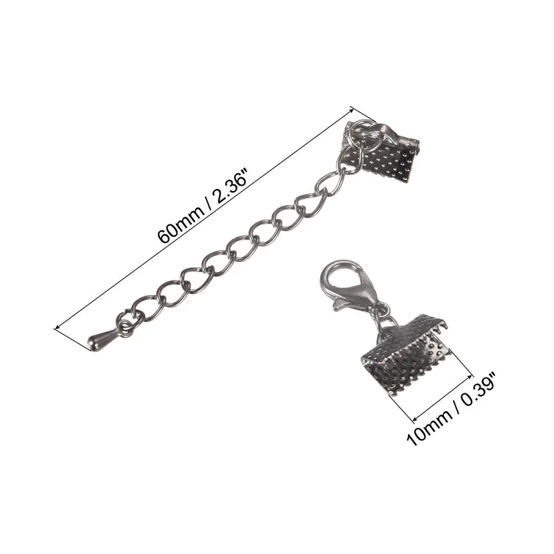 20Sets Ribbon Crimp Clamp Ends with Lobster Claw Clasps & Extension Chain, 10mm Cord End Clasps for DIY Craft Making, Metallic Black