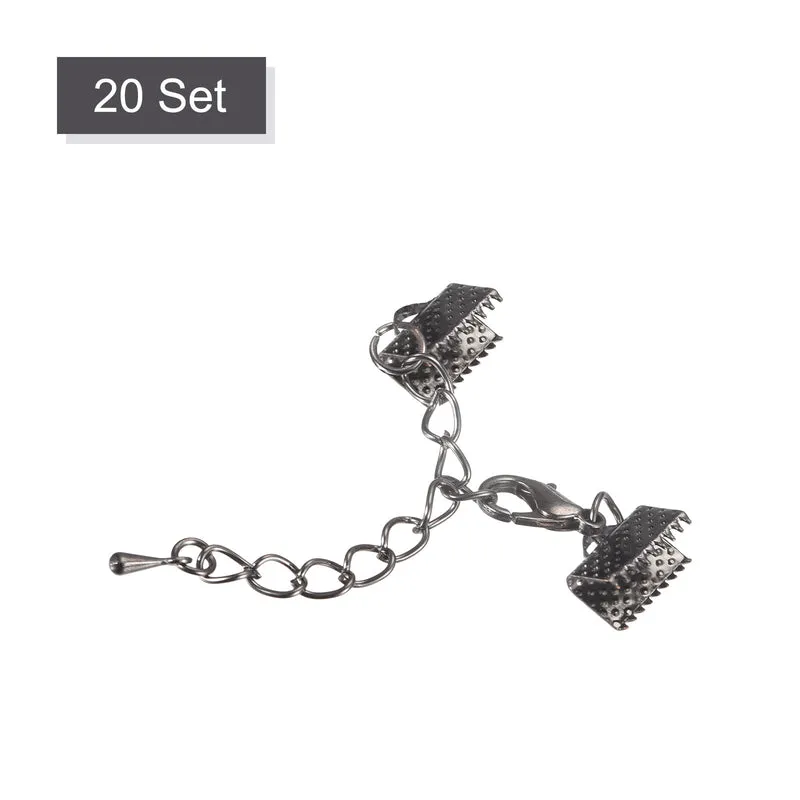 20Sets Ribbon Crimp Clamp Ends with Lobster Claw Clasps & Extension Chain, 10mm Cord End Clasps for DIY Craft Making, Metallic Black