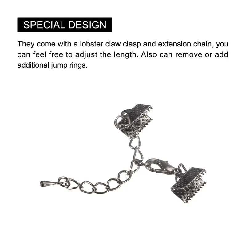 20Sets Ribbon Crimp Clamp Ends with Lobster Claw Clasps & Extension Chain, 10mm Cord End Clasps for DIY Craft Making, Metallic Black
