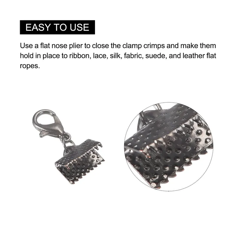 20Sets Ribbon Crimp Clamp Ends with Lobster Claw Clasps & Extension Chain, 10mm Cord End Clasps for DIY Craft Making, Metallic Black
