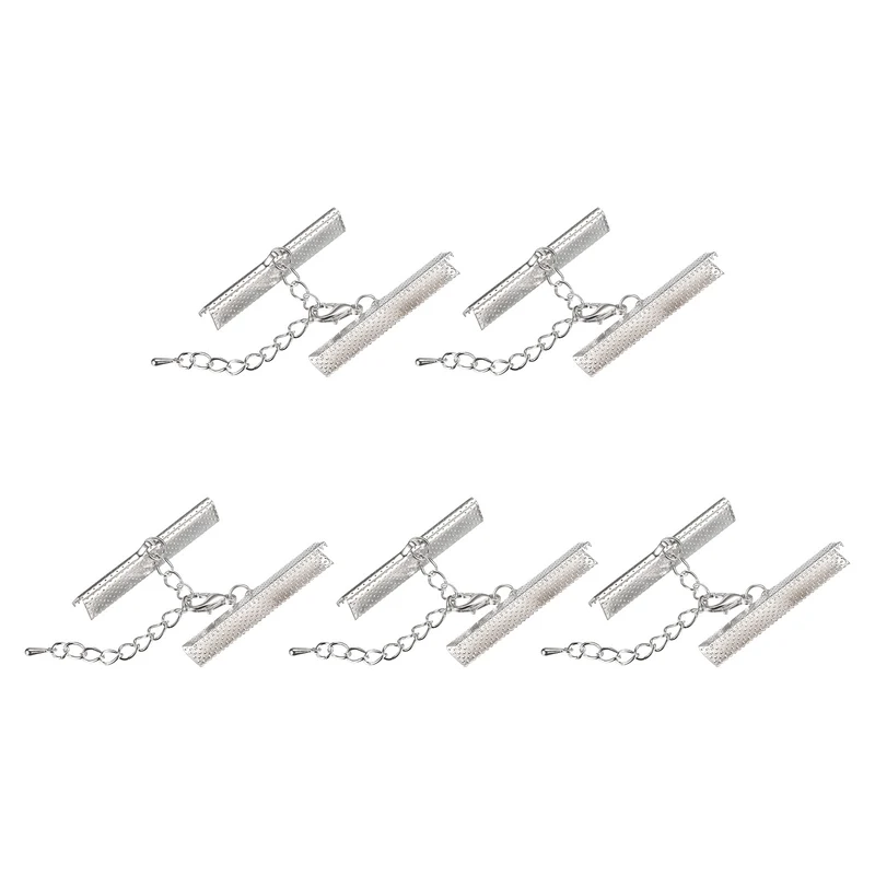 20Sets Ribbon Crimp Clamp Ends with Lobster Claw Clasps & Extension Chain, 40mm Cord End Clasps for DIY Craft Making, Silver Tone
