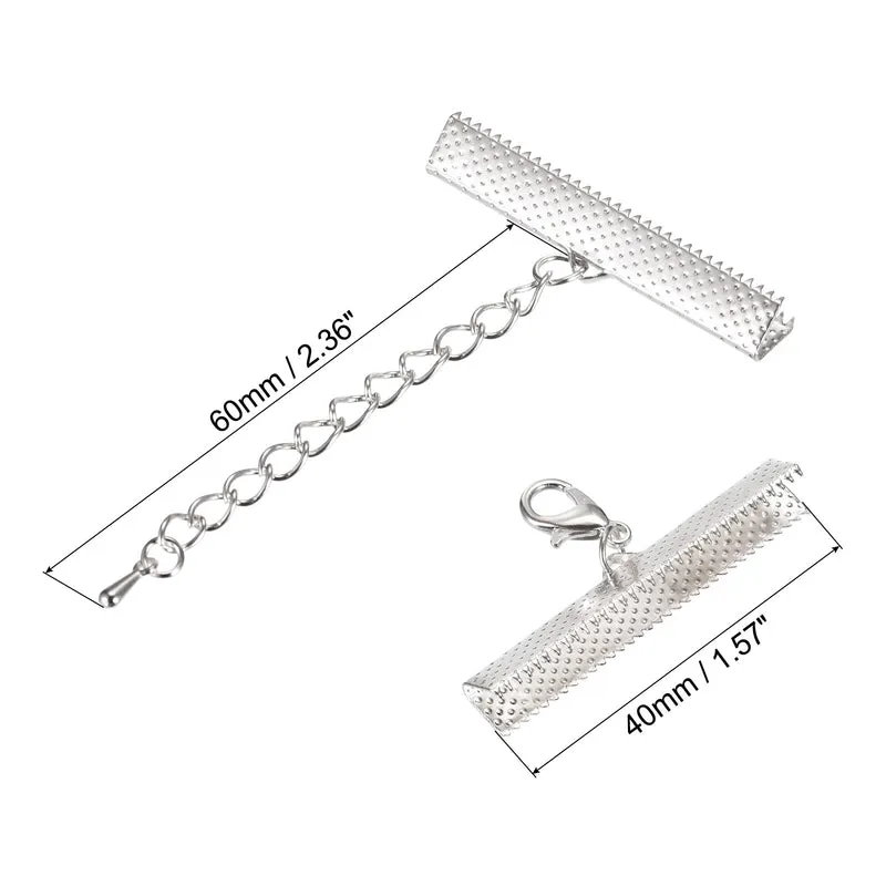 20Sets Ribbon Crimp Clamp Ends with Lobster Claw Clasps & Extension Chain, 40mm Cord End Clasps for DIY Craft Making, Silver Tone