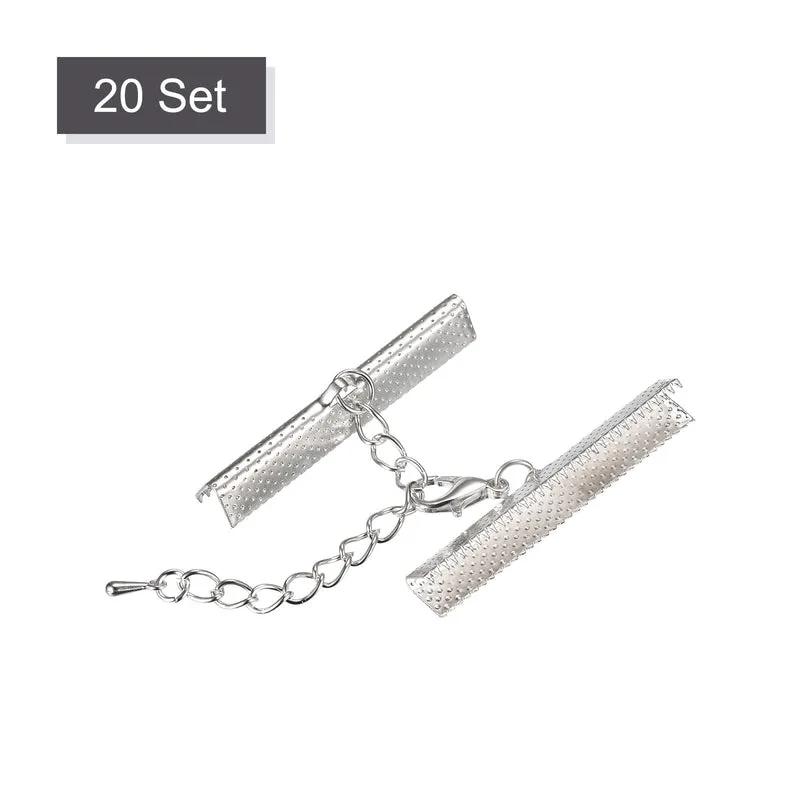 20Sets Ribbon Crimp Clamp Ends with Lobster Claw Clasps & Extension Chain, 40mm Cord End Clasps for DIY Craft Making, Silver Tone
