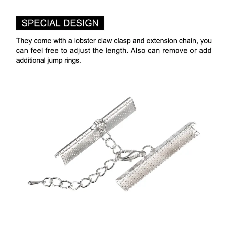 20Sets Ribbon Crimp Clamp Ends with Lobster Claw Clasps & Extension Chain, 40mm Cord End Clasps for DIY Craft Making, Silver Tone