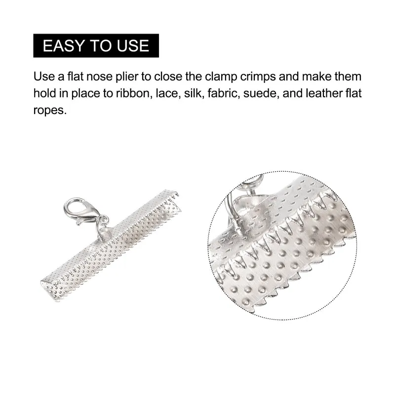20Sets Ribbon Crimp Clamp Ends with Lobster Claw Clasps & Extension Chain, 40mm Cord End Clasps for DIY Craft Making, Silver Tone
