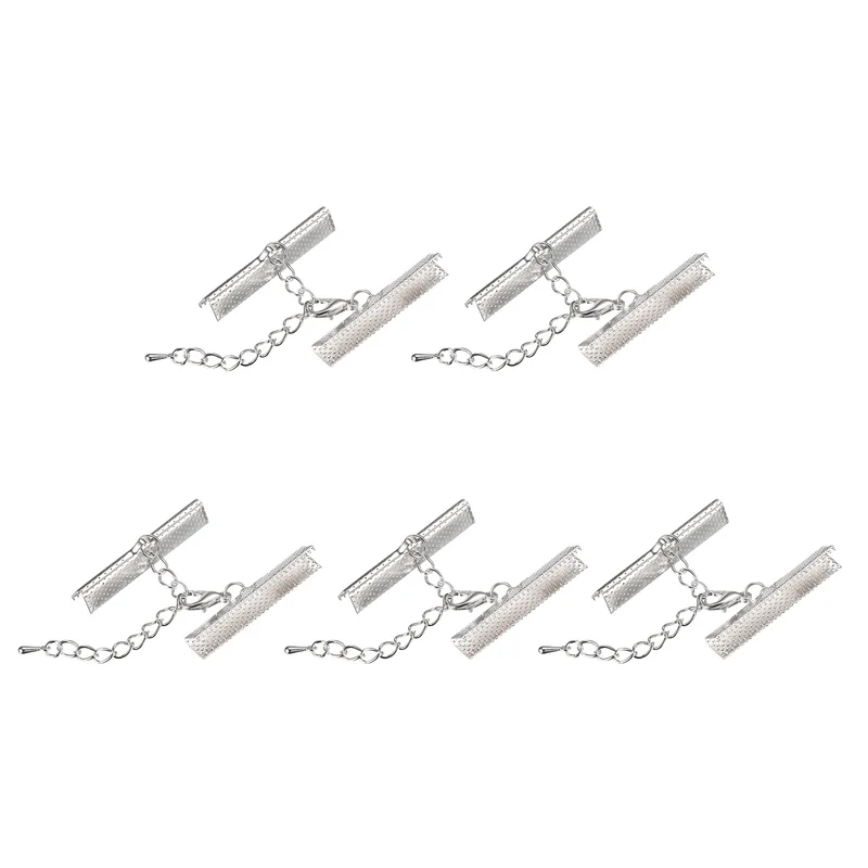 20Sets Ribbon Crimp Clamp Ends with Lobster Claw Clasps & Extension Chain, 35mm Cord End Clasps for DIY Craft Making, Silver Tone