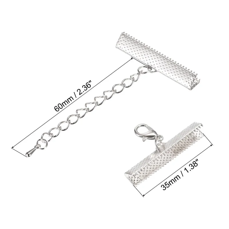 20Sets Ribbon Crimp Clamp Ends with Lobster Claw Clasps & Extension Chain, 35mm Cord End Clasps for DIY Craft Making, Silver Tone