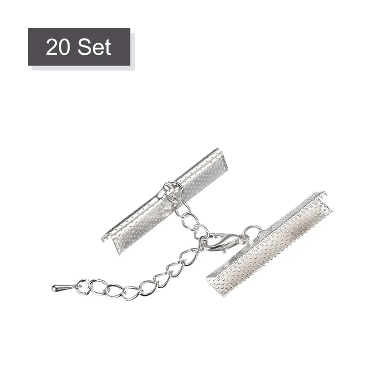 20Sets Ribbon Crimp Clamp Ends with Lobster Claw Clasps & Extension Chain, 35mm Cord End Clasps for DIY Craft Making, Silver Tone