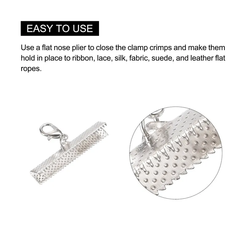 20Sets Ribbon Crimp Clamp Ends with Lobster Claw Clasps & Extension Chain, 35mm Cord End Clasps for DIY Craft Making, Silver Tone
