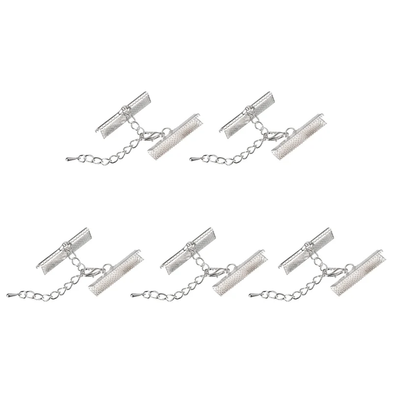 20Sets Ribbon Crimp Clamp Ends with Lobster Claw Clasps & Extension Chain, 30mm Cord End Clasps for DIY Craft Making, Silver Tone