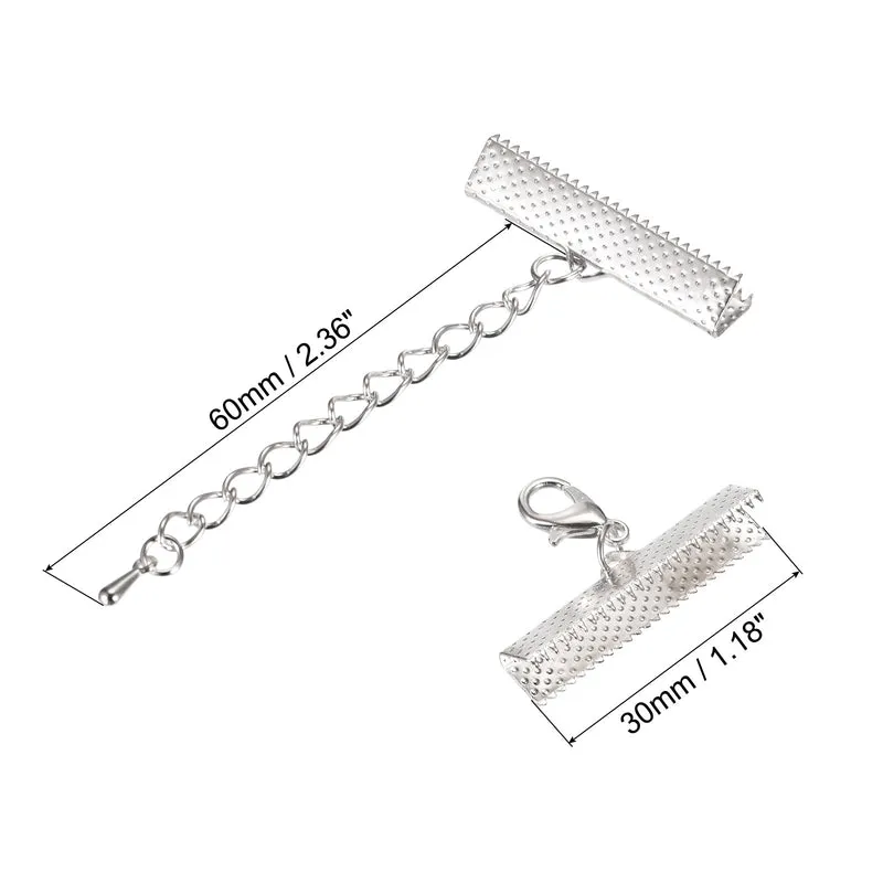 20Sets Ribbon Crimp Clamp Ends with Lobster Claw Clasps & Extension Chain, 30mm Cord End Clasps for DIY Craft Making, Silver Tone