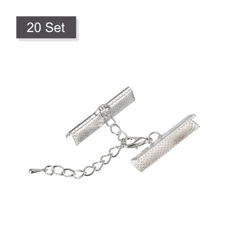 20Sets Ribbon Crimp Clamp Ends with Lobster Claw Clasps & Extension Chain, 30mm Cord End Clasps for DIY Craft Making, Silver Tone