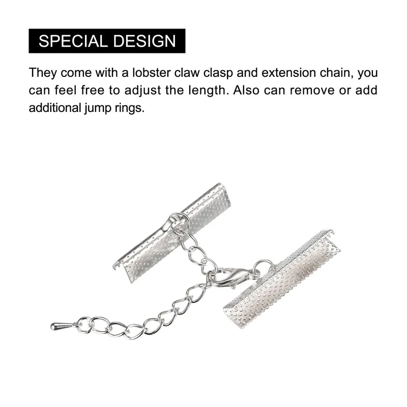 20Sets Ribbon Crimp Clamp Ends with Lobster Claw Clasps & Extension Chain, 30mm Cord End Clasps for DIY Craft Making, Silver Tone
