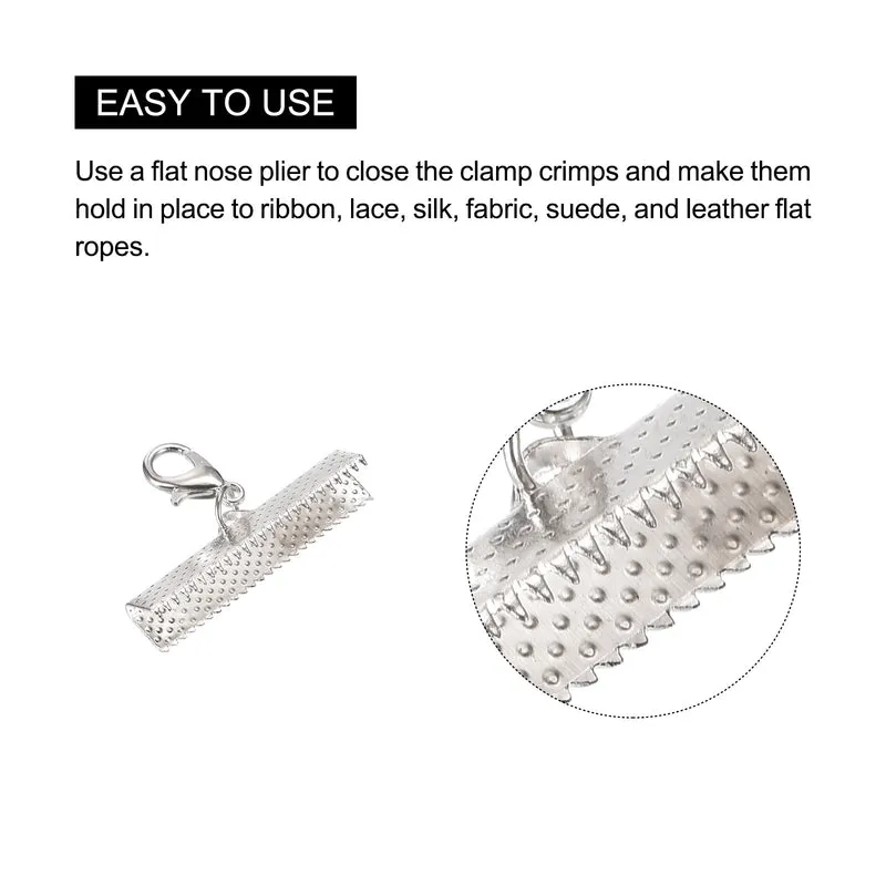 20Sets Ribbon Crimp Clamp Ends with Lobster Claw Clasps & Extension Chain, 30mm Cord End Clasps for DIY Craft Making, Silver Tone