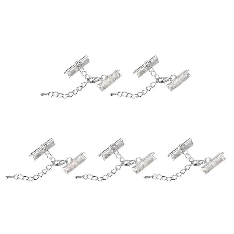 20Sets Ribbon Crimp Clamp Ends with Lobster Claw Clasps & Extension Chain, 20mm Cord End Clasps for DIY Craft Making, Silver Tone