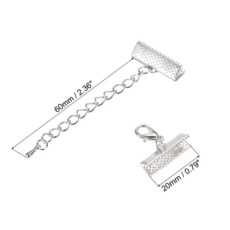 20Sets Ribbon Crimp Clamp Ends with Lobster Claw Clasps & Extension Chain, 20mm Cord End Clasps for DIY Craft Making, Silver Tone