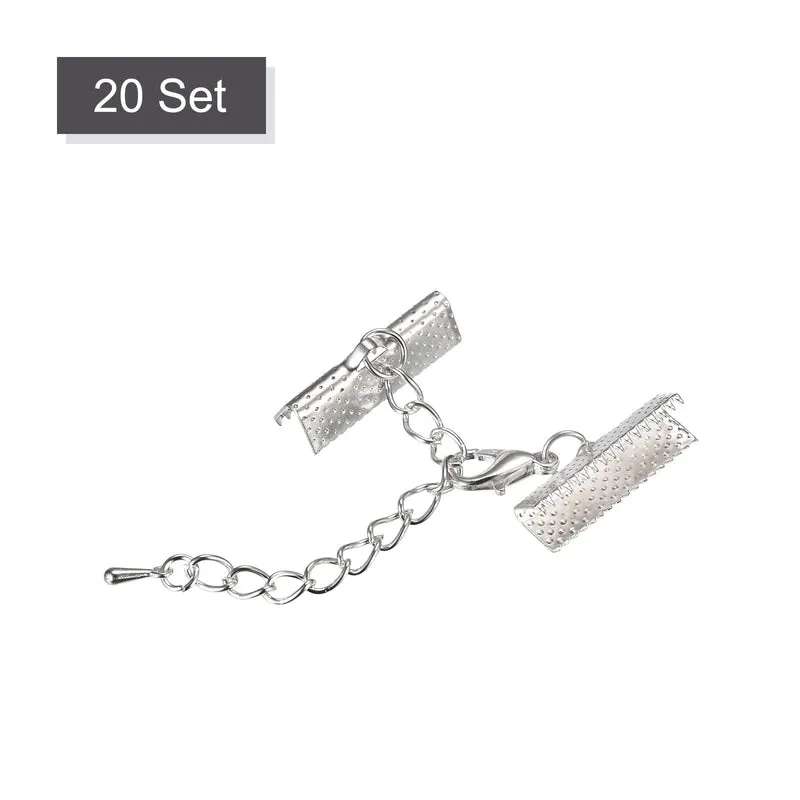 20Sets Ribbon Crimp Clamp Ends with Lobster Claw Clasps & Extension Chain, 20mm Cord End Clasps for DIY Craft Making, Silver Tone
