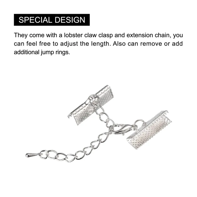 20Sets Ribbon Crimp Clamp Ends with Lobster Claw Clasps & Extension Chain, 20mm Cord End Clasps for DIY Craft Making, Silver Tone