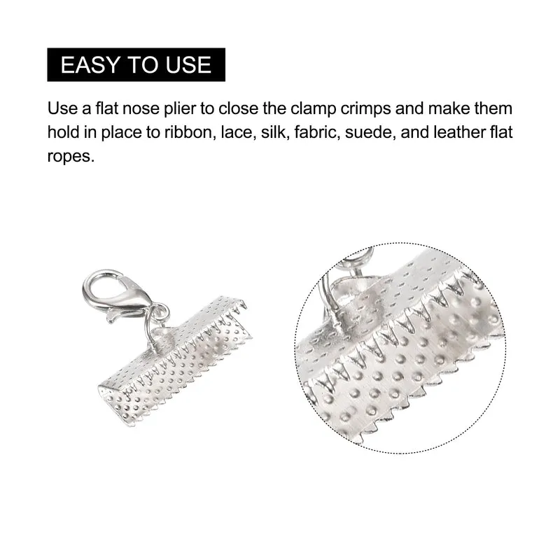 20Sets Ribbon Crimp Clamp Ends with Lobster Claw Clasps & Extension Chain, 20mm Cord End Clasps for DIY Craft Making, Silver Tone