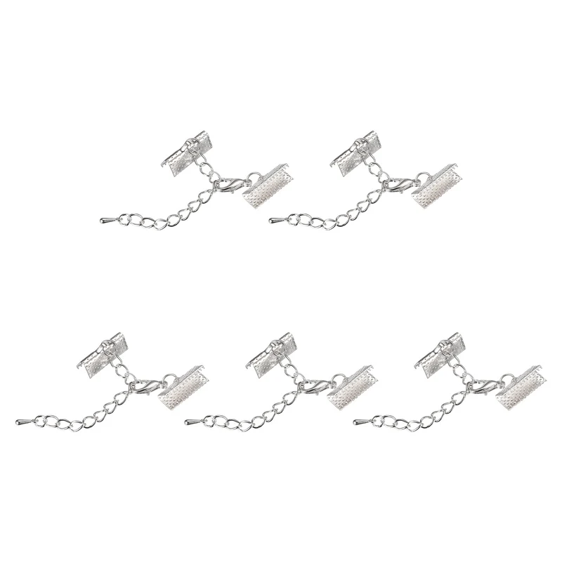 20Sets Ribbon Crimp Clamp Ends with Lobster Claw Clasps & Extension Chain, 16mm Cord End Clasps for DIY Craft Making, Silver Tone