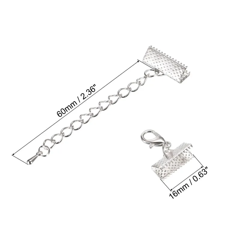 20Sets Ribbon Crimp Clamp Ends with Lobster Claw Clasps & Extension Chain, 16mm Cord End Clasps for DIY Craft Making, Silver Tone