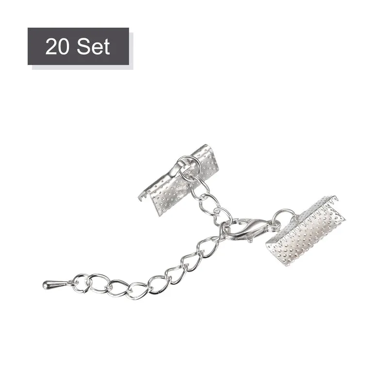 20Sets Ribbon Crimp Clamp Ends with Lobster Claw Clasps & Extension Chain, 16mm Cord End Clasps for DIY Craft Making, Silver Tone