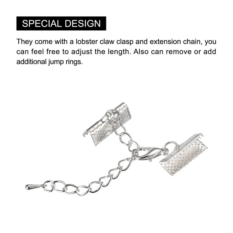 20Sets Ribbon Crimp Clamp Ends with Lobster Claw Clasps & Extension Chain, 16mm Cord End Clasps for DIY Craft Making, Silver Tone