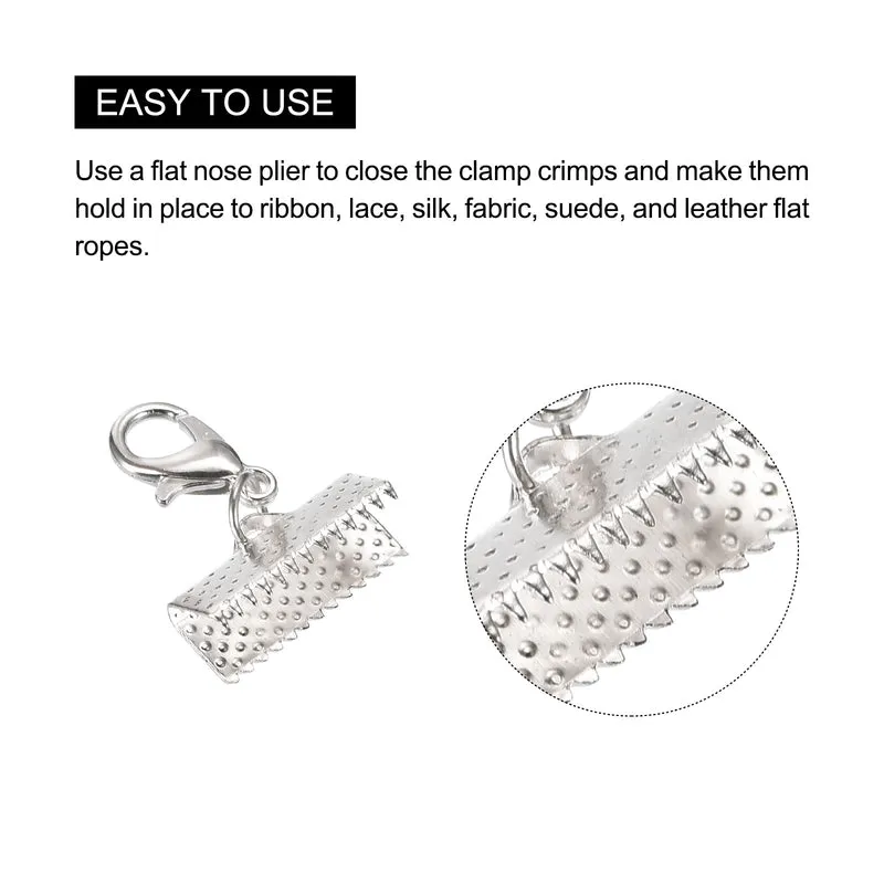 20Sets Ribbon Crimp Clamp Ends with Lobster Claw Clasps & Extension Chain, 16mm Cord End Clasps for DIY Craft Making, Silver Tone