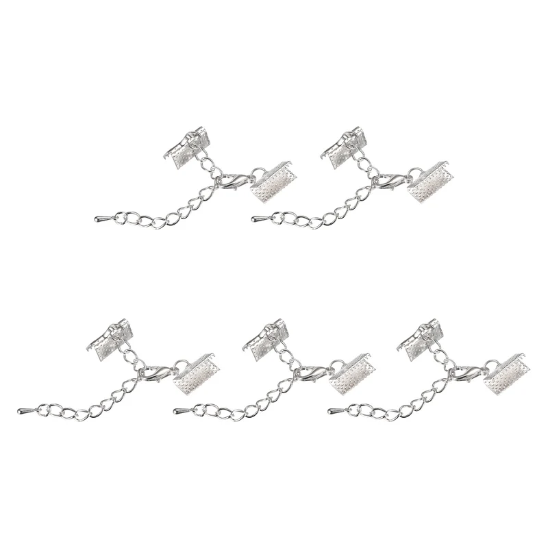 20Sets Ribbon Crimp Clamp Ends with Lobster Claw Clasps & Extension Chain, 13mm Cord End Clasps for DIY Craft Making, Silver Tone