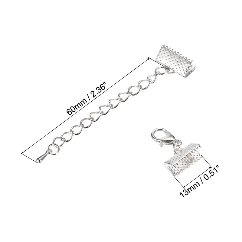 20Sets Ribbon Crimp Clamp Ends with Lobster Claw Clasps & Extension Chain, 13mm Cord End Clasps for DIY Craft Making, Silver Tone