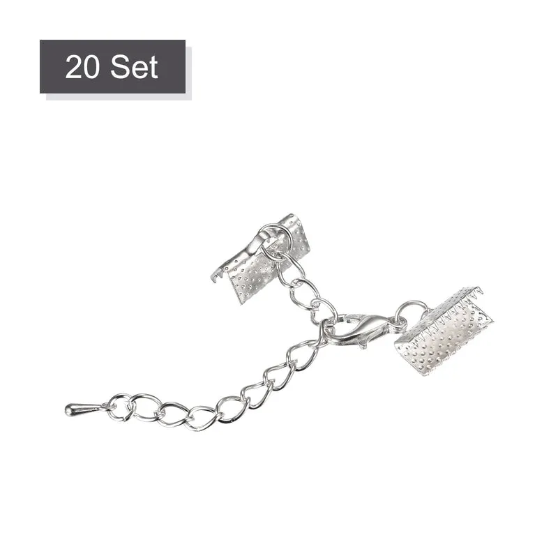 20Sets Ribbon Crimp Clamp Ends with Lobster Claw Clasps & Extension Chain, 13mm Cord End Clasps for DIY Craft Making, Silver Tone