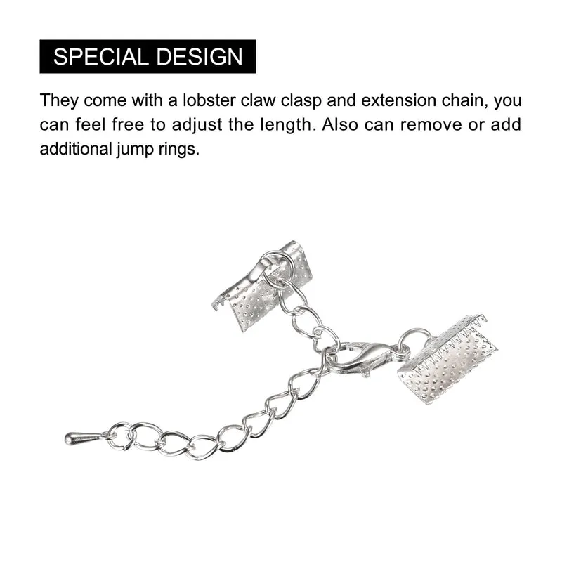 20Sets Ribbon Crimp Clamp Ends with Lobster Claw Clasps & Extension Chain, 13mm Cord End Clasps for DIY Craft Making, Silver Tone