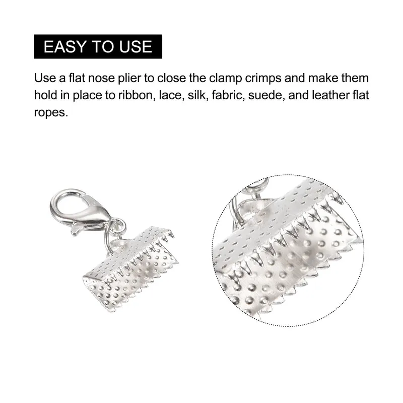 20Sets Ribbon Crimp Clamp Ends with Lobster Claw Clasps & Extension Chain, 13mm Cord End Clasps for DIY Craft Making, Silver Tone