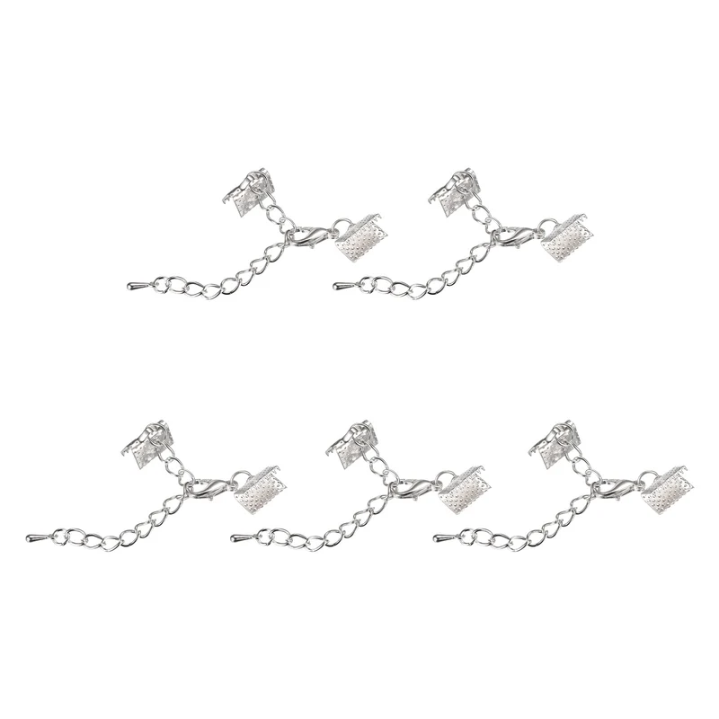 20Sets Ribbon Crimp Clamp Ends with Lobster Claw Clasps & Extension Chain, 10mm Cord End Clasps for DIY Craft Making, Silver Tone