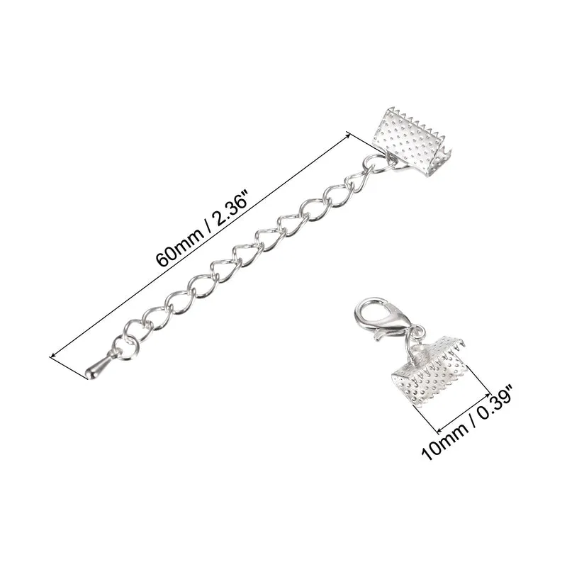 20Sets Ribbon Crimp Clamp Ends with Lobster Claw Clasps & Extension Chain, 10mm Cord End Clasps for DIY Craft Making, Silver Tone