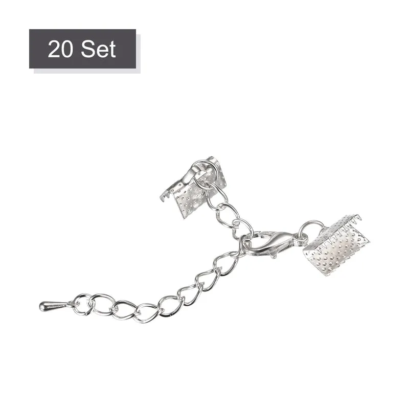 20Sets Ribbon Crimp Clamp Ends with Lobster Claw Clasps & Extension Chain, 10mm Cord End Clasps for DIY Craft Making, Silver Tone