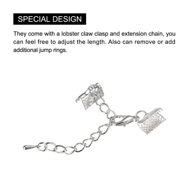 20Sets Ribbon Crimp Clamp Ends with Lobster Claw Clasps & Extension Chain, 10mm Cord End Clasps for DIY Craft Making, Silver Tone