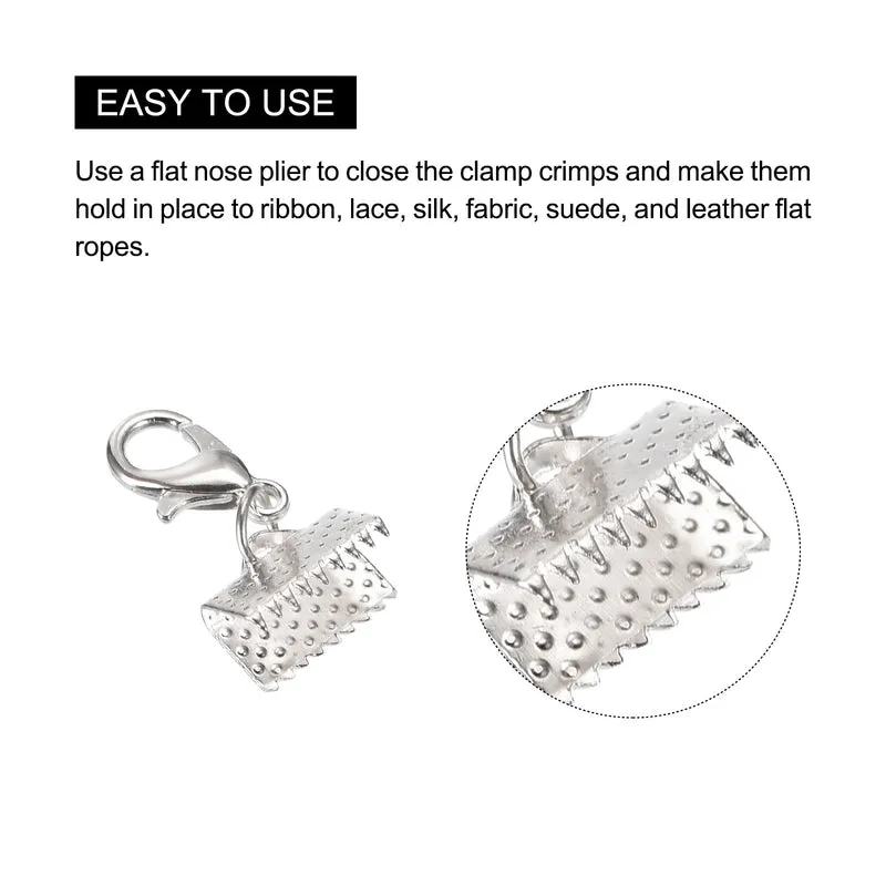 20Sets Ribbon Crimp Clamp Ends with Lobster Claw Clasps & Extension Chain, 10mm Cord End Clasps for DIY Craft Making, Silver Tone