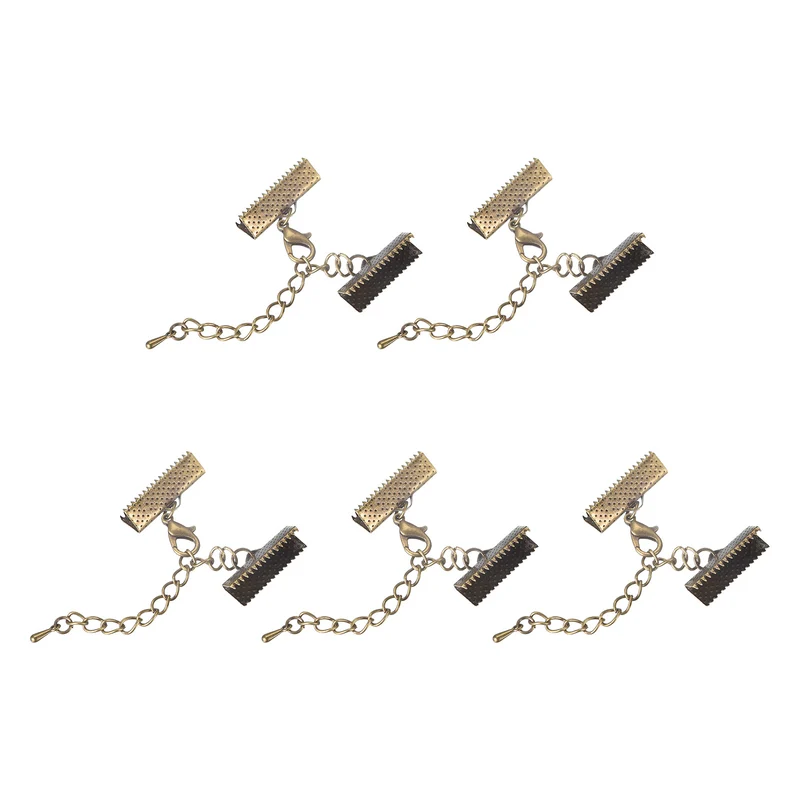 20Sets Ribbon Crimp Clamp Ends with Lobster Claw Clasps & Extension Chain, 20mm Cord End Clasps for DIY Craft Making, Bronze Tone