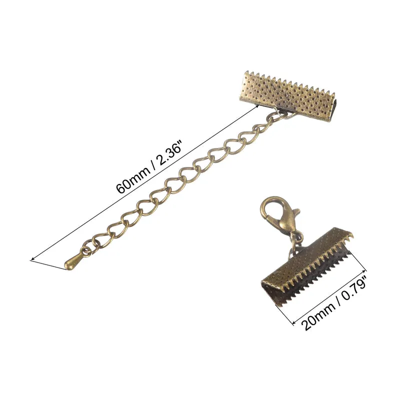 20Sets Ribbon Crimp Clamp Ends with Lobster Claw Clasps & Extension Chain, 20mm Cord End Clasps for DIY Craft Making, Bronze Tone