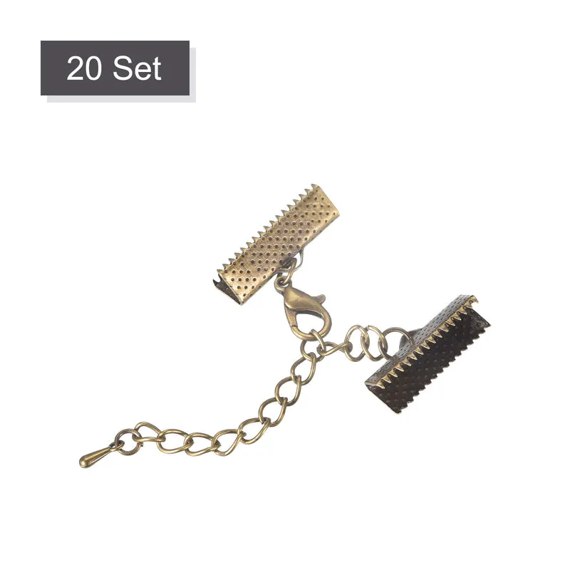 20Sets Ribbon Crimp Clamp Ends with Lobster Claw Clasps & Extension Chain, 20mm Cord End Clasps for DIY Craft Making, Bronze Tone