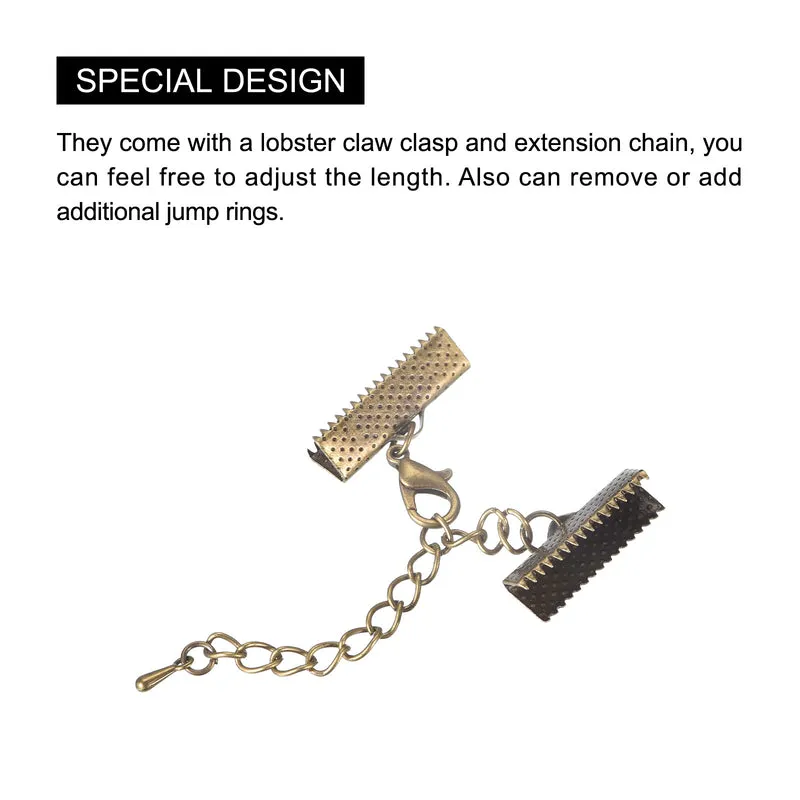 20Sets Ribbon Crimp Clamp Ends with Lobster Claw Clasps & Extension Chain, 20mm Cord End Clasps for DIY Craft Making, Bronze Tone
