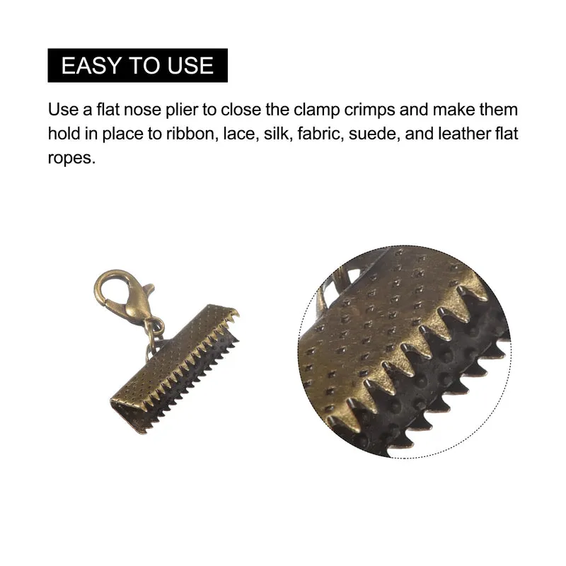 20Sets Ribbon Crimp Clamp Ends with Lobster Claw Clasps & Extension Chain, 20mm Cord End Clasps for DIY Craft Making, Bronze Tone