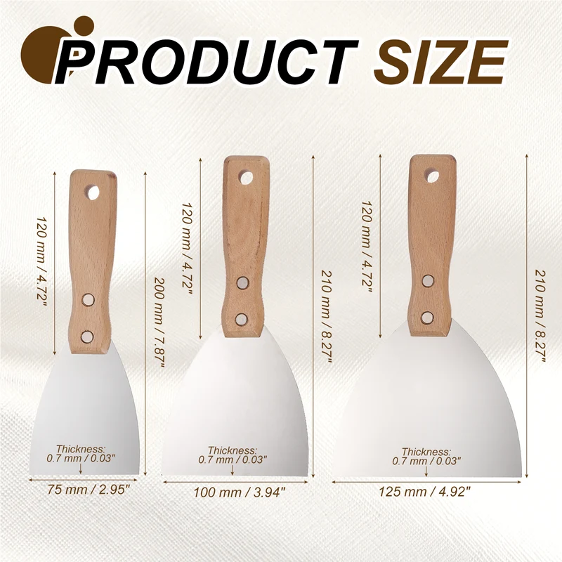 3Pcs 3"/4"/5" Putty Knife with Wooden Handle Stainless Steel Taping Knife