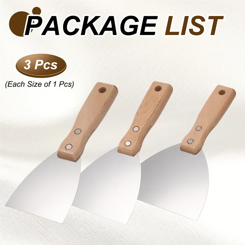 3Pcs 3"/4"/5" Putty Knife with Wooden Handle Stainless Steel Taping Knife