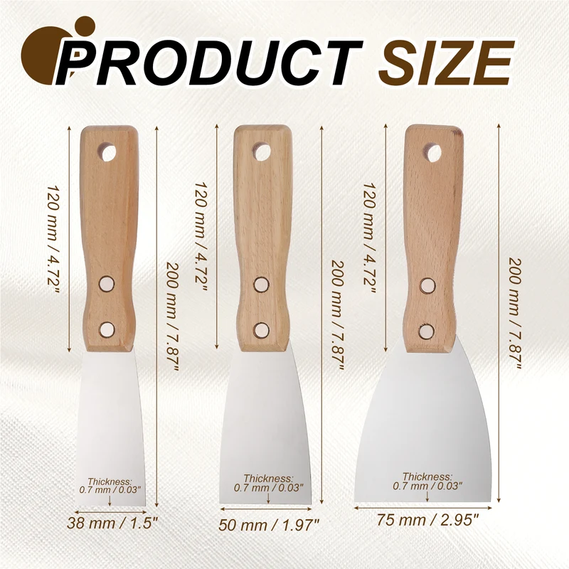 3Pcs 1.5"/2"/3" Putty Knife with Wooden Handle Stainless Steel Taping Knife