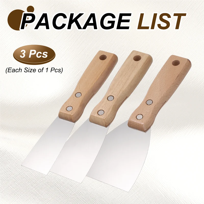 3Pcs 1.5"/2"/3" Putty Knife with Wooden Handle Stainless Steel Taping Knife