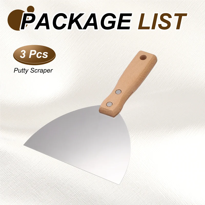 3Pcs 6" Putty Knife Wooden Handle Stainless Steel Taping Knife, Wood(150mm)